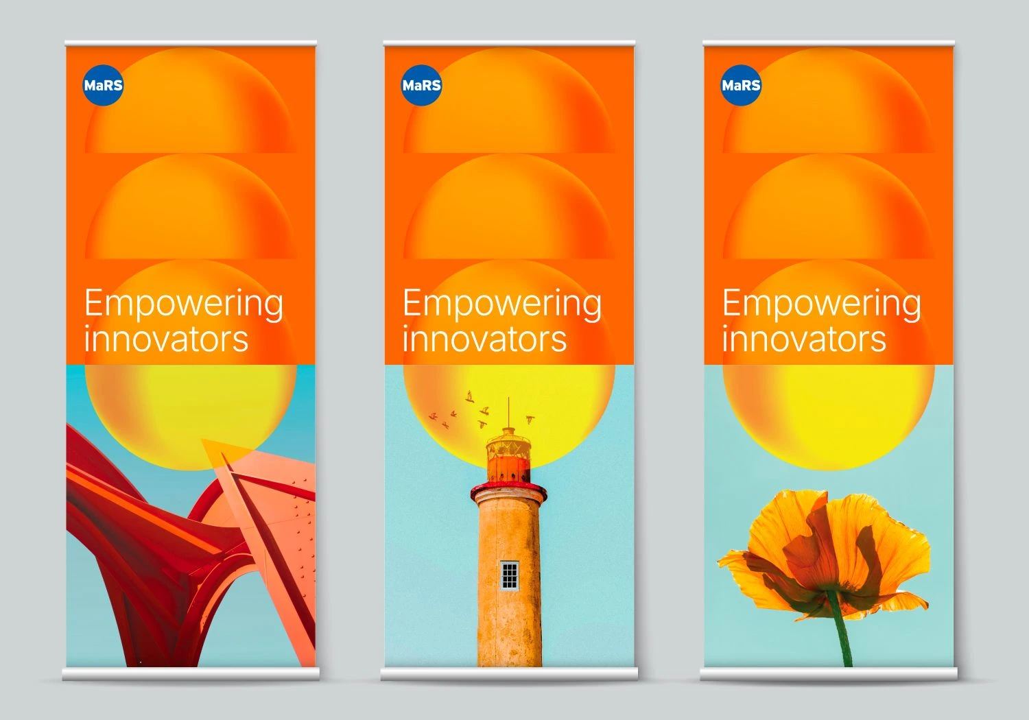 Three vertical MaRS event banners with the headline ‘Empowering innovators,’ featuring orange and yellow gradient graphics and imagery of architecture, a lighthouse, and a flower
