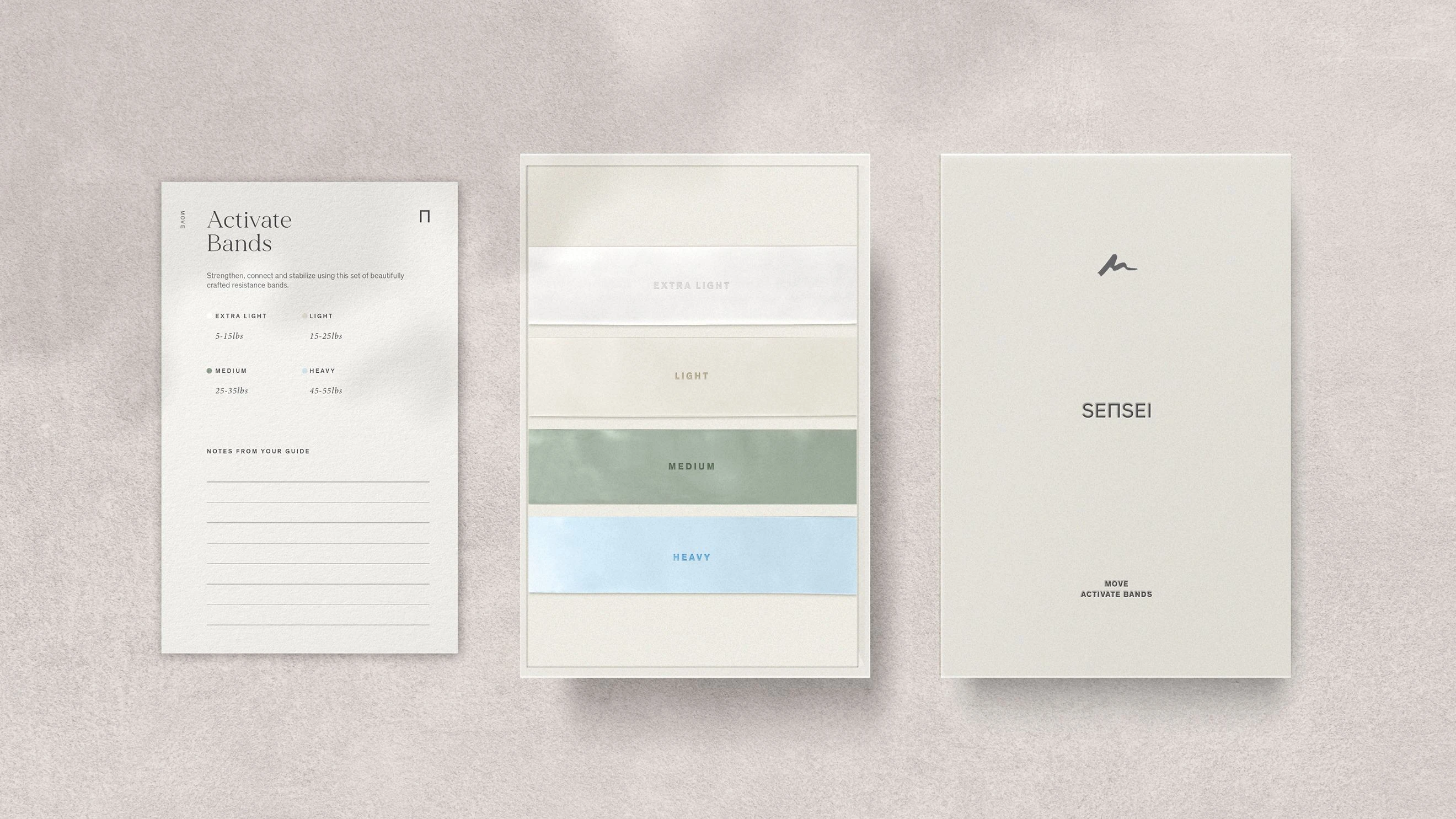 Sensei resistance band gifting kit with branded packaging and printed guides for light, medium, and heavy resistance