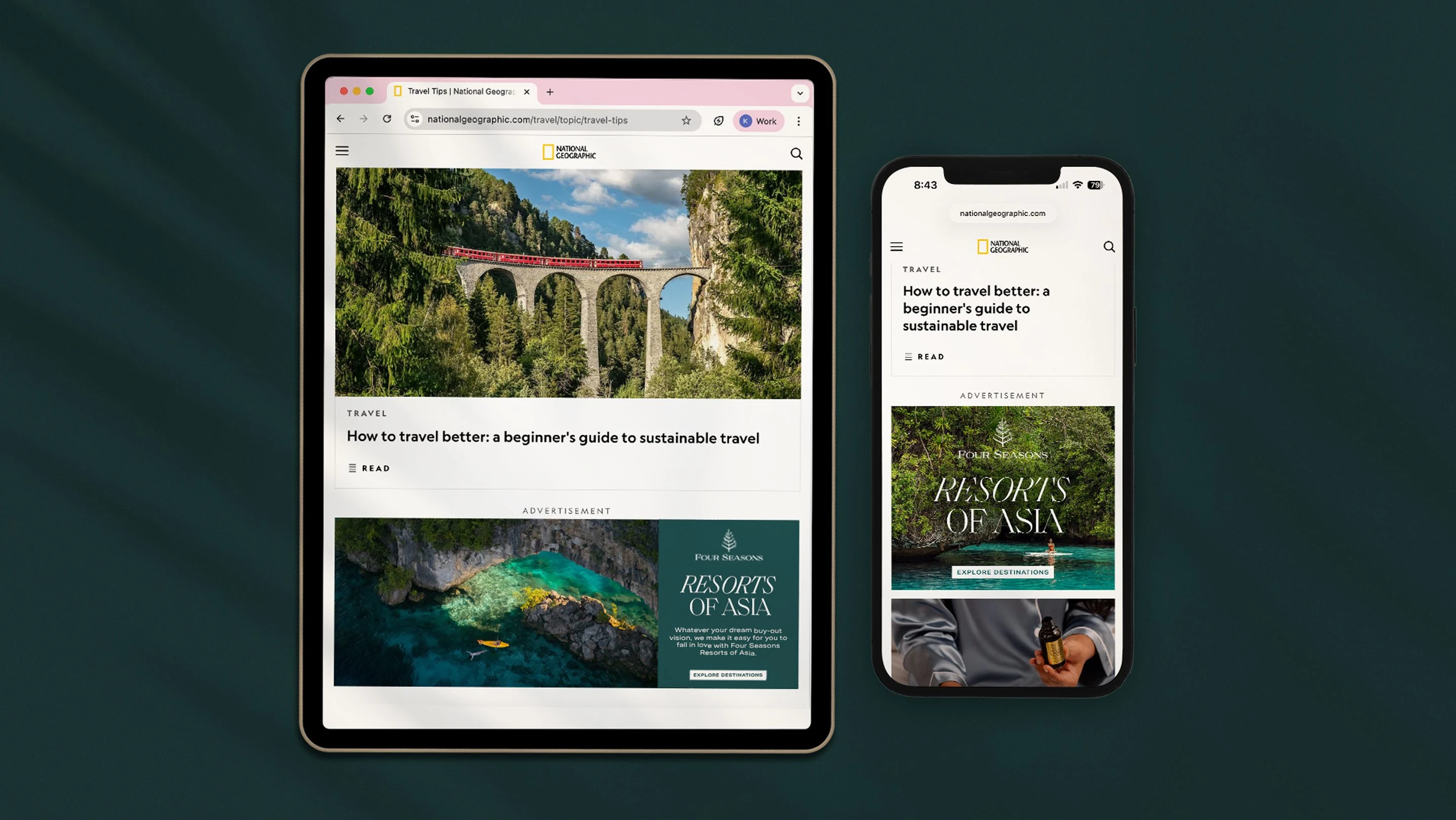 Four Seasons Resorts of Asia digital advertising displayed across tablet and mobile within a travel article.