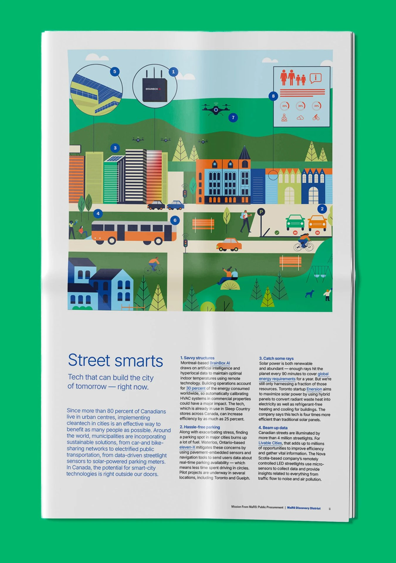 Smart city illustration in an editorial magazine layout showing urban infrastructure, public transit, pedestrians, and digital technology icons