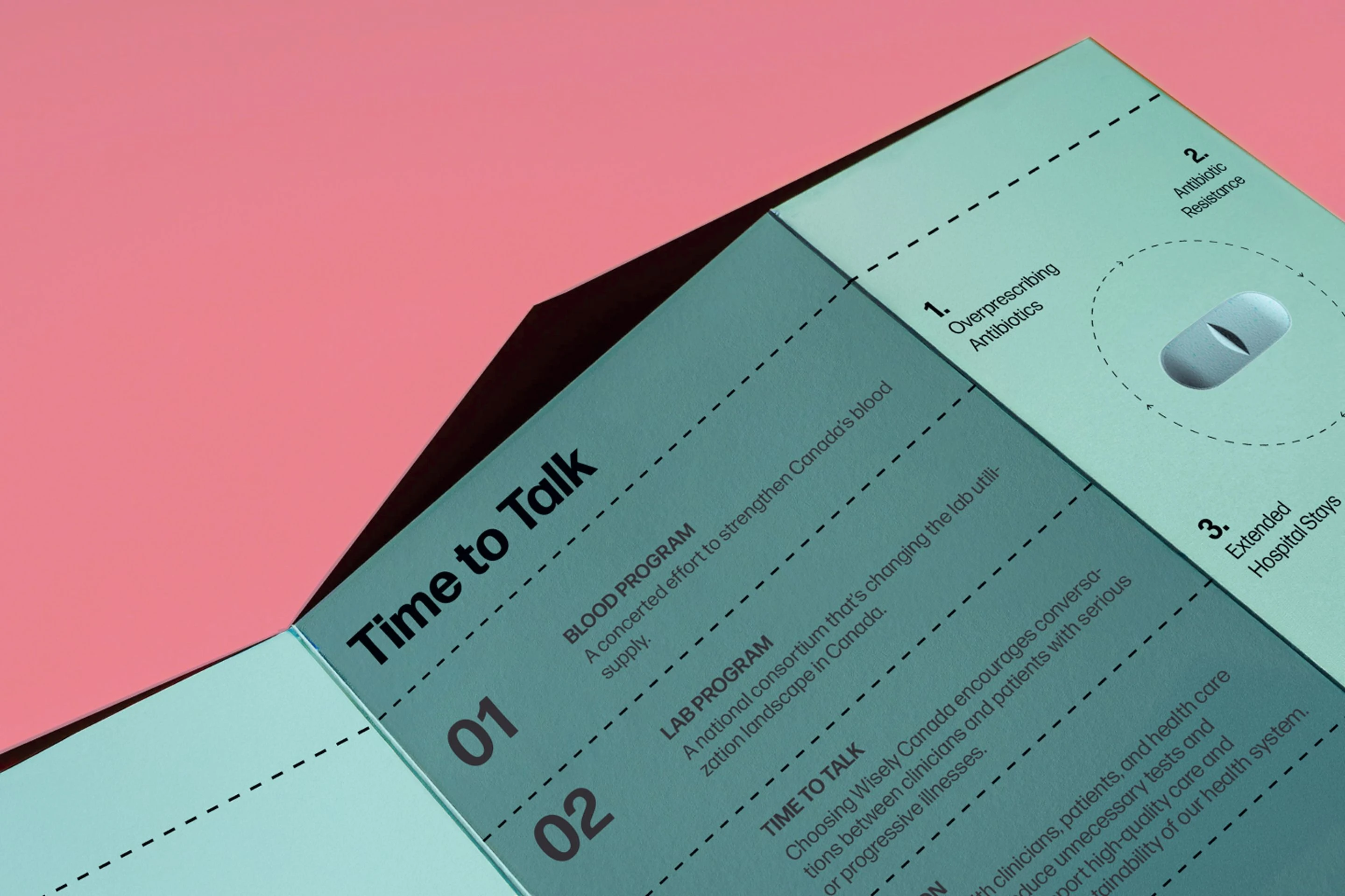 Editorial layout detail from a Choosing Wisely Canada publication featuring modular sections, typography, and dotted grid lines