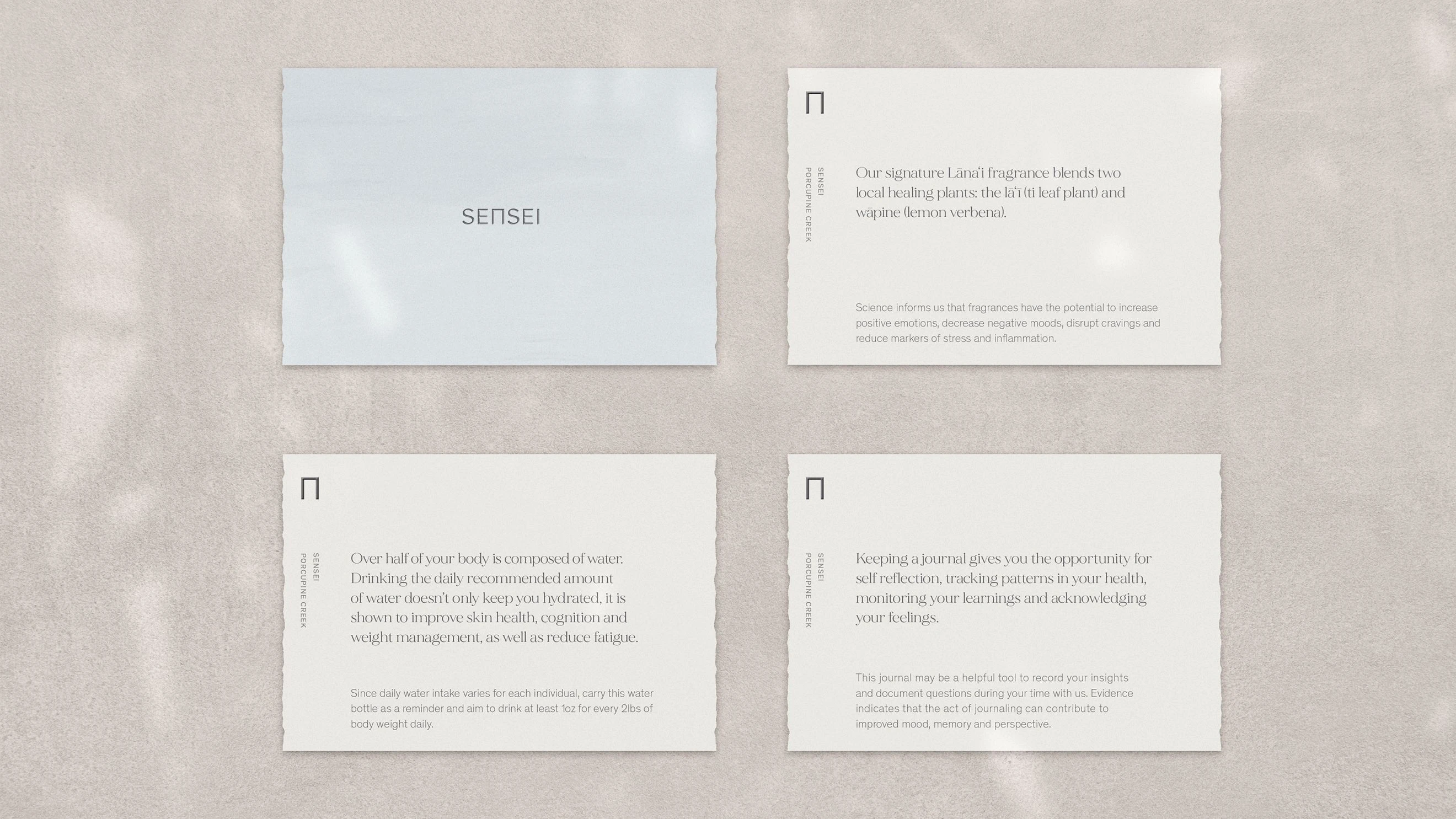Sensei hospitality turn-down cards with printed wellness messages and clean, minimalist branding