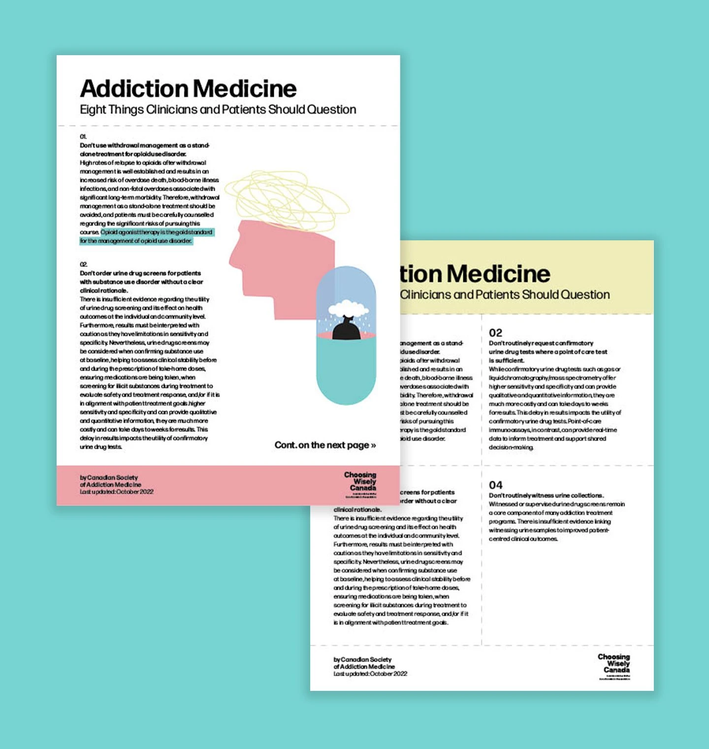 Choosing Wisely Canada Addiction Medicine print design featuring educational content and illustrated editorial layouts.