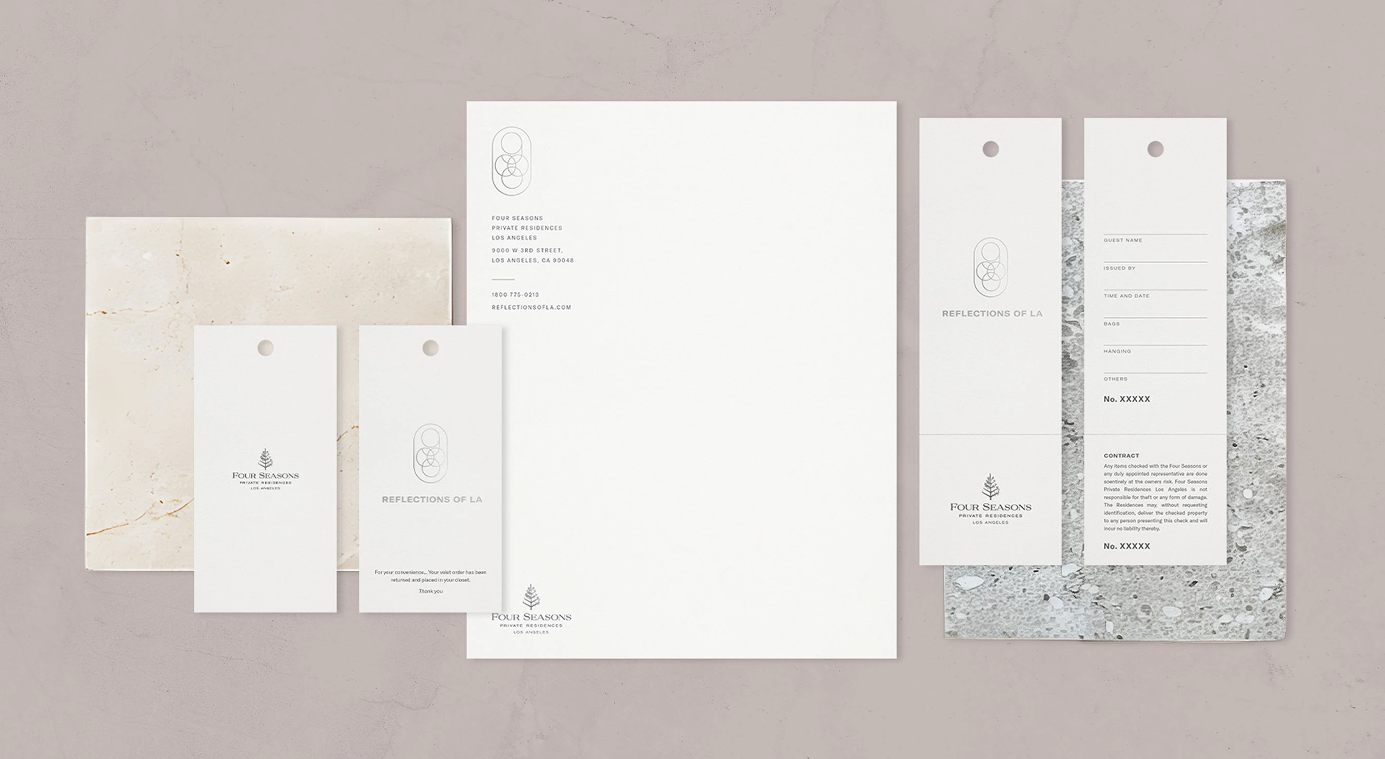 Four Seasons Reflections of LA collateral design featuring printed letterhead, tags, and neutral textured materials.