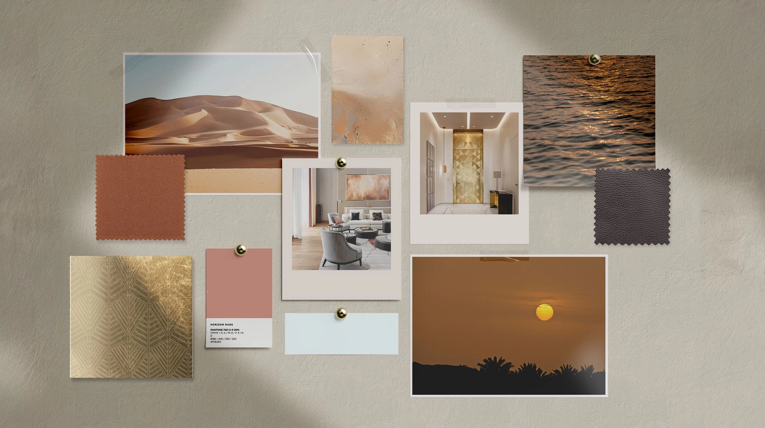Design mood board featuring desert photography, luxury interior spaces, material swatches, and warm neutral colour palette.